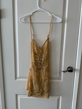 Free People Beaded Mustard Yellow Sheer Dress/Slip